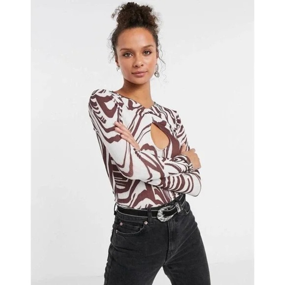 Topshop Mesh Swirl Print Keyhole Front Long Sleeve Top Brown Cream Size 6